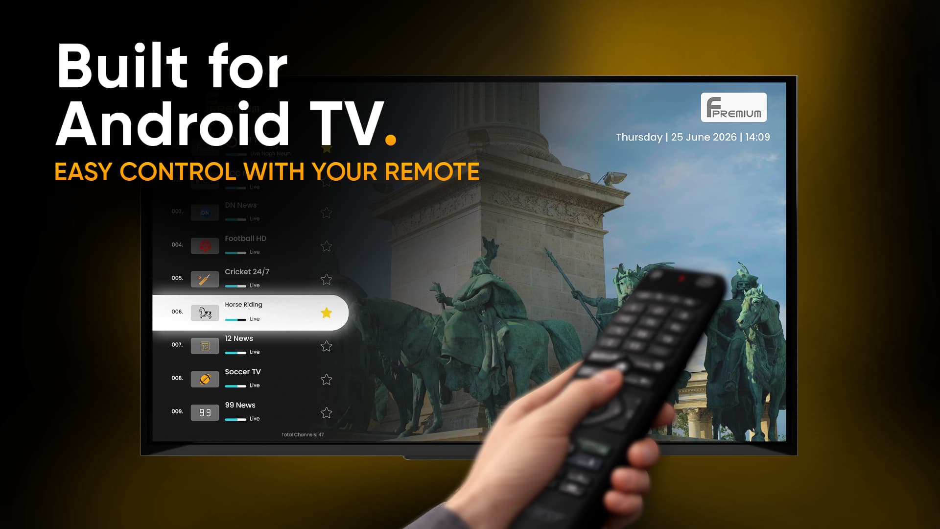 AppForce Pro Live-TV-Senderliste auf Android TV, bedient mit der Fernbedienung